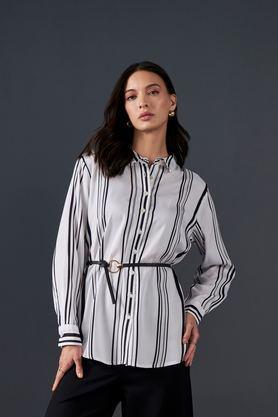 stripes spread collar viscose women's casual wear shirt - black & white