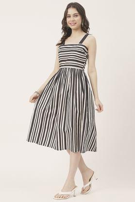 stripes square neck cotton women's knee length dress - black & white