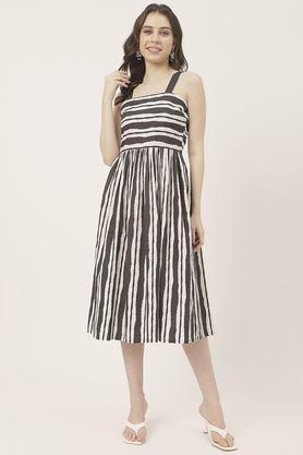 stripes square neck cotton women's knee length dress - black