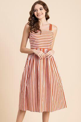 stripes square neck cotton women's knee length dress - orange