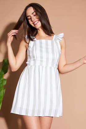stripes square neck rayon women's mini dress - white
