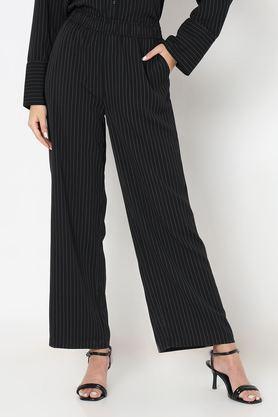 stripes straight fit polyester women's casual wear pants - black