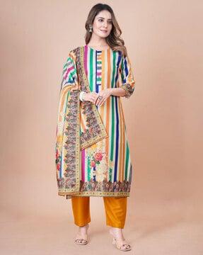 stripes straight kurta pants set with dupatta