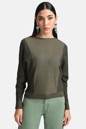 stripes stripes round neck women's pullover - olive