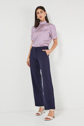 stripes tailored fit blended fabric women's formal wear trousers - navy
