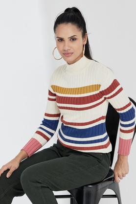 stripes turtle neck cotton blend women's pullover - off white