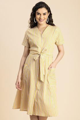 stripes v-neck cotton women's knee length dress - yellow