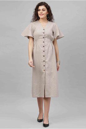 stripes v-neck polyester womens front open dress - natural