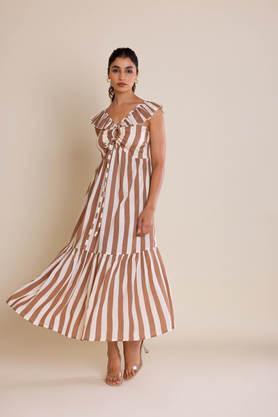 stripes v-neck rayon women's dress - white