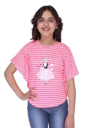 stripes viscose round neck girls top - pink