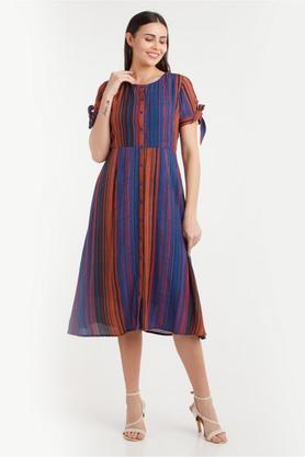 stripes viscose round neck women's midi dress - multi