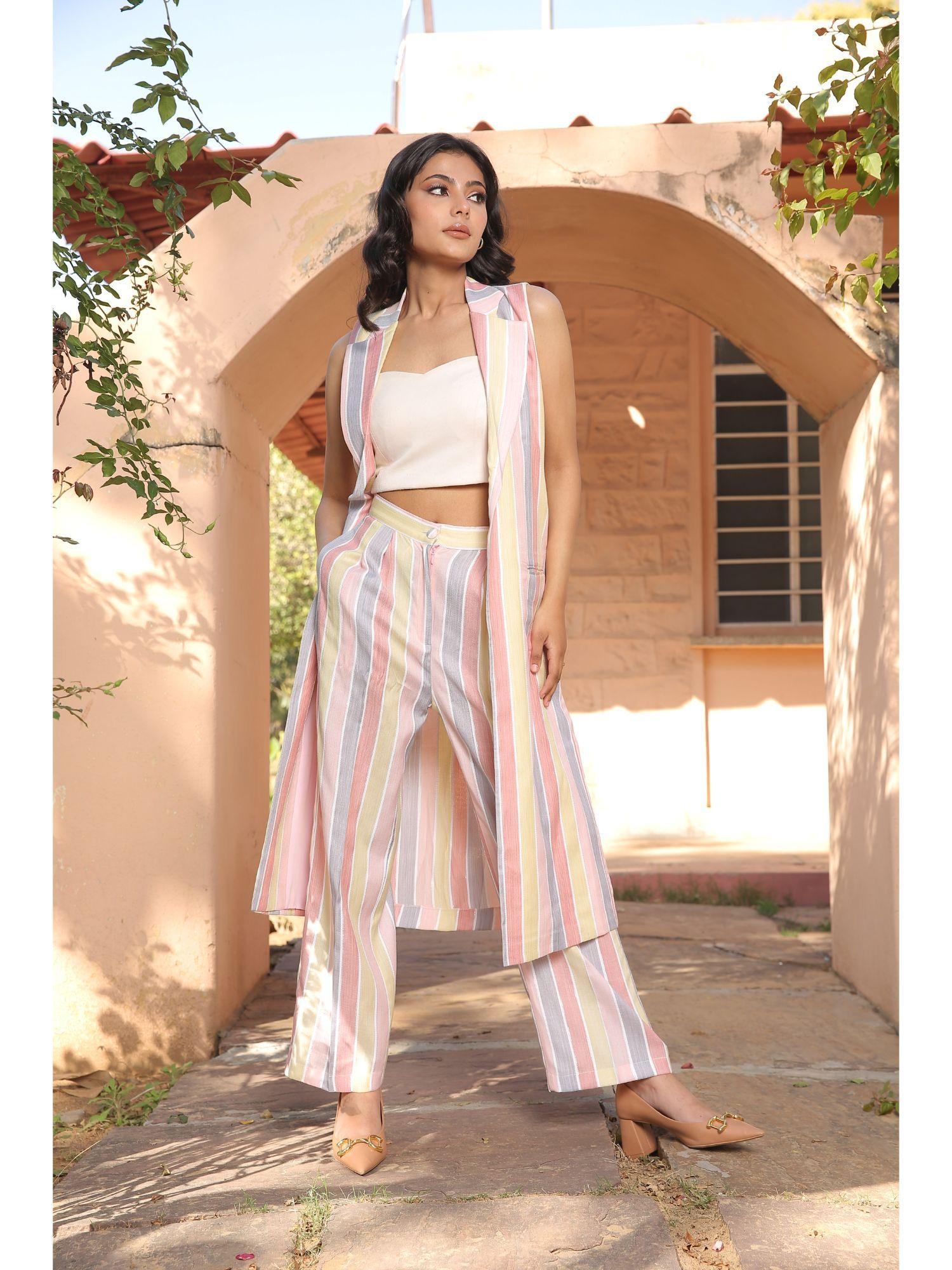 stripped trench jacket with palazzo pants co-ord (set of 2)