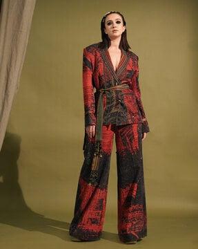 stroke placement print pant-suit set with belt