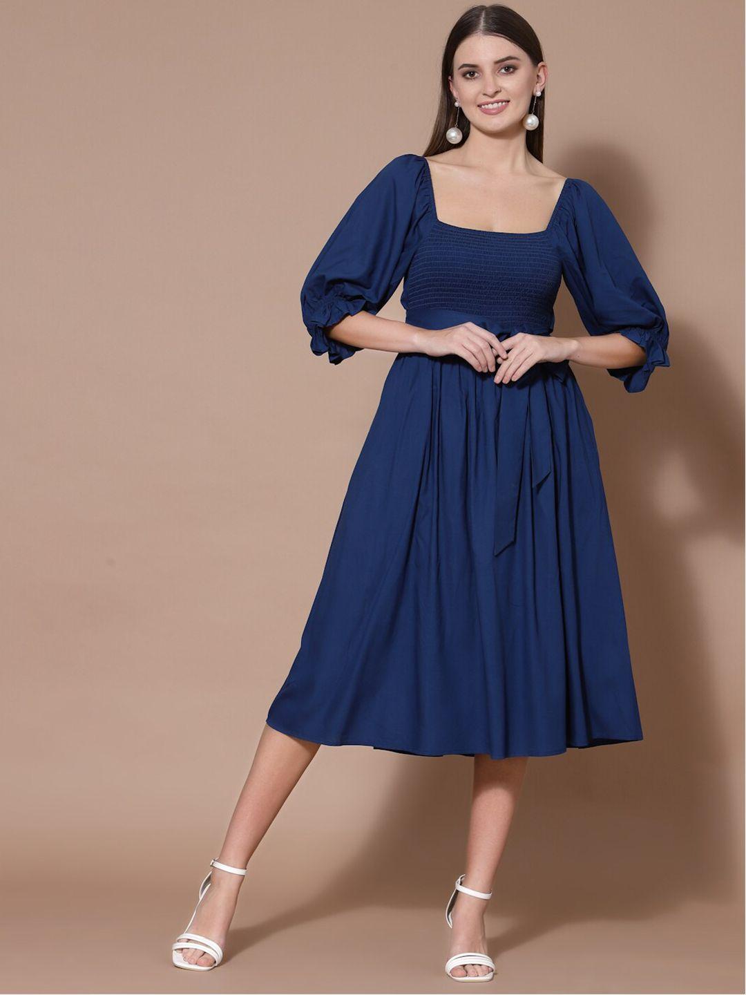 strong and brave women blue solid viscose rayon midi dress
