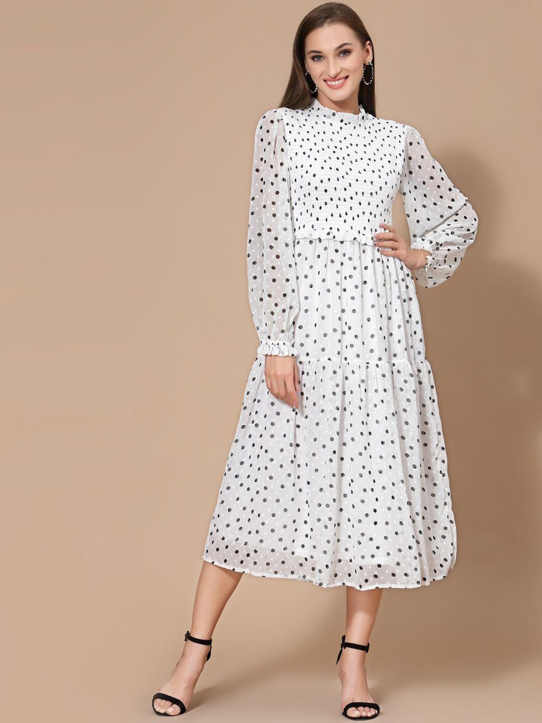 strong and brave polka dot printed smocked chiffon a-line dress