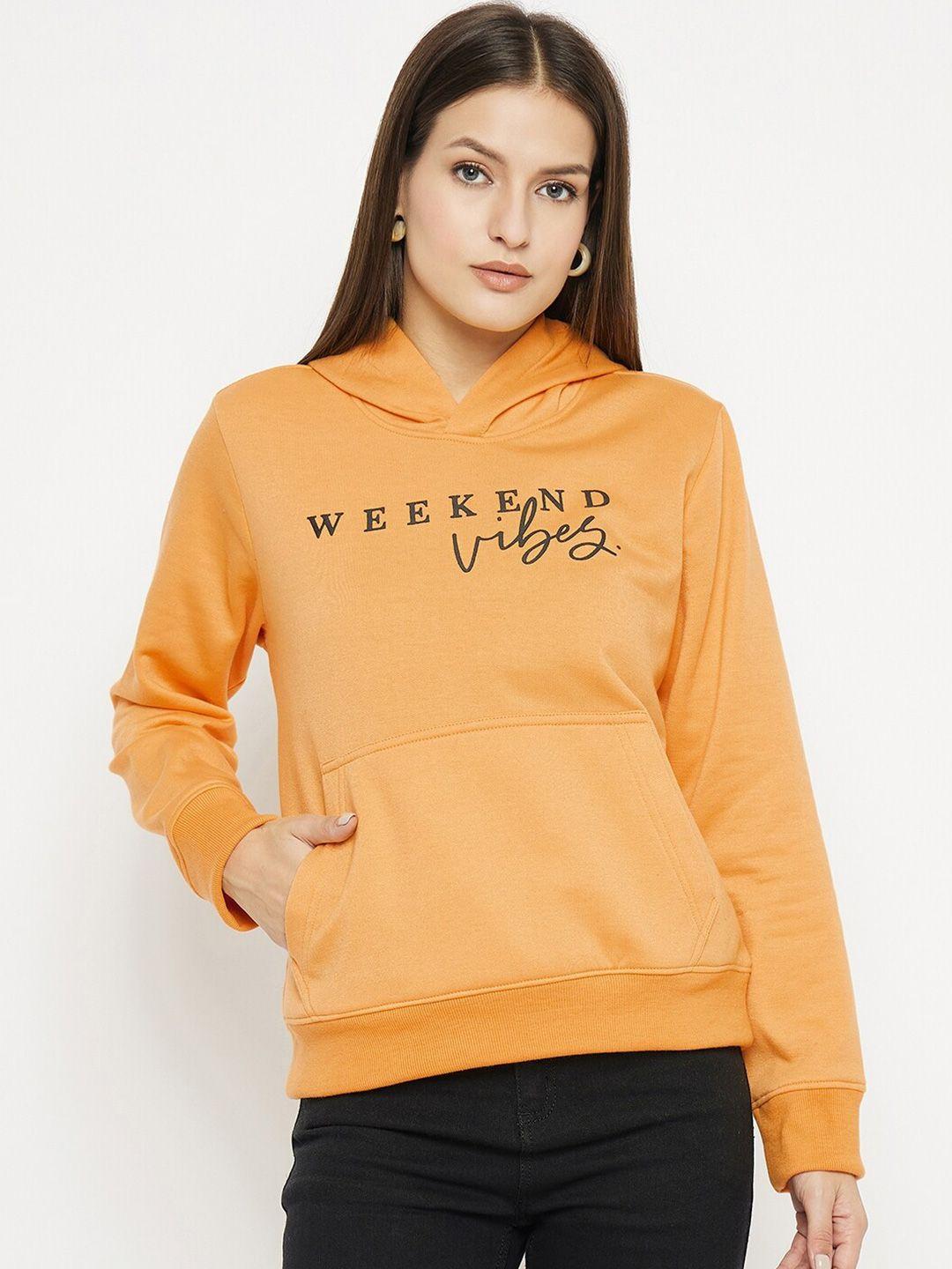 strop women mustard printed hooded sweatshirt