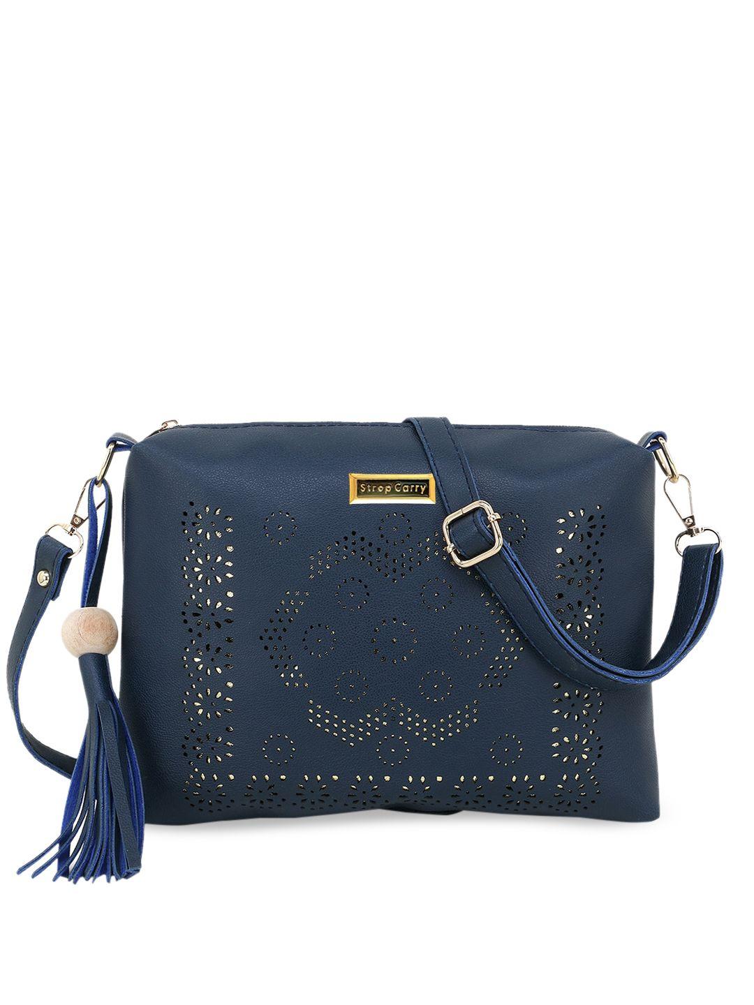 stropcarry blue structured sling bag with tasselled