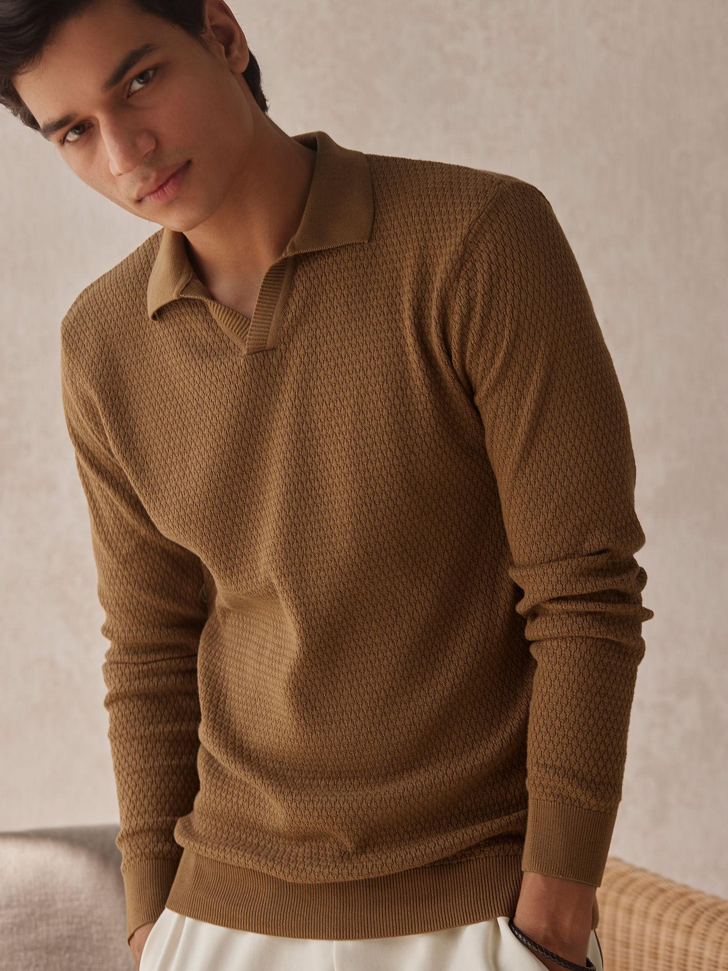 structure brown mens full sleeve polo sweater regular fit