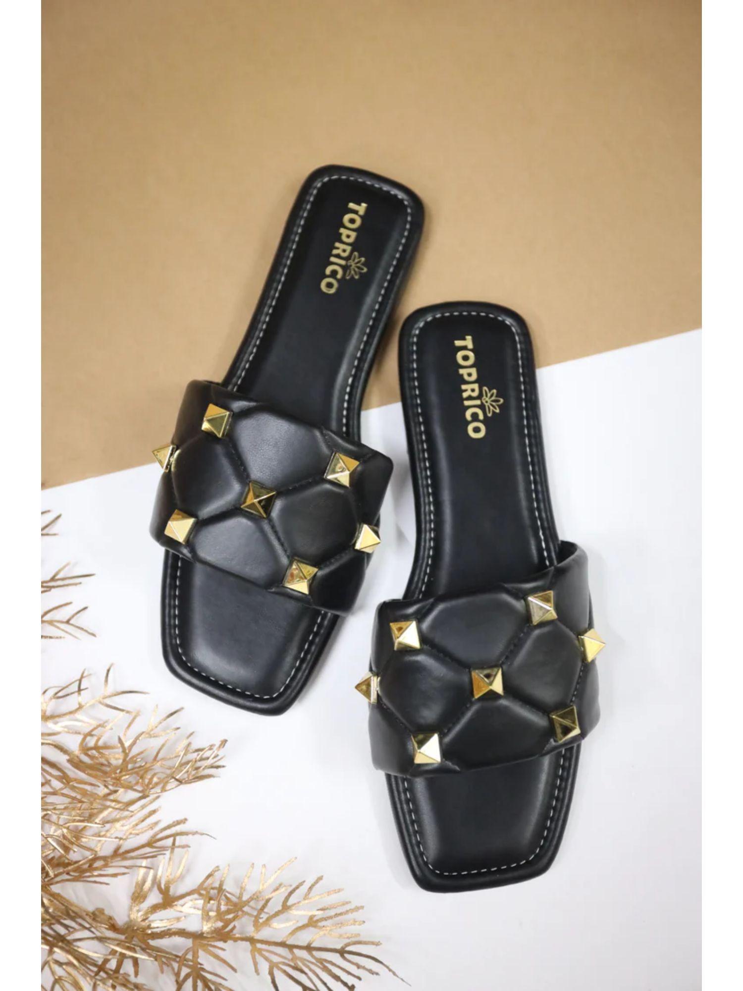 studded slide embellished black flat