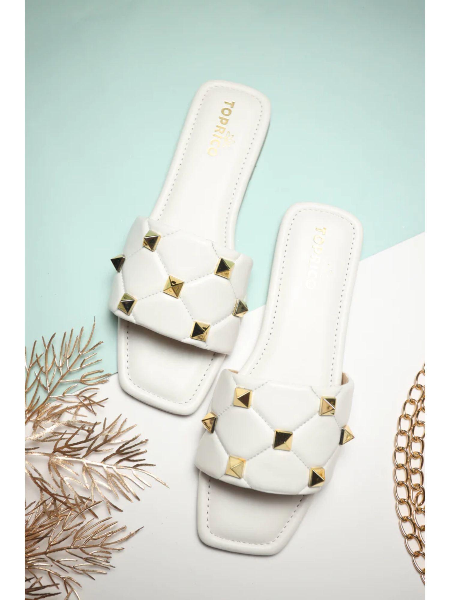 studded slide embellished white flat