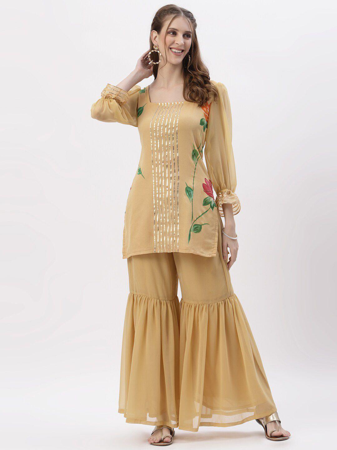 studio rasa women beige floral embroidered gotta patti silk georgette kurti with sharara & with dupatta