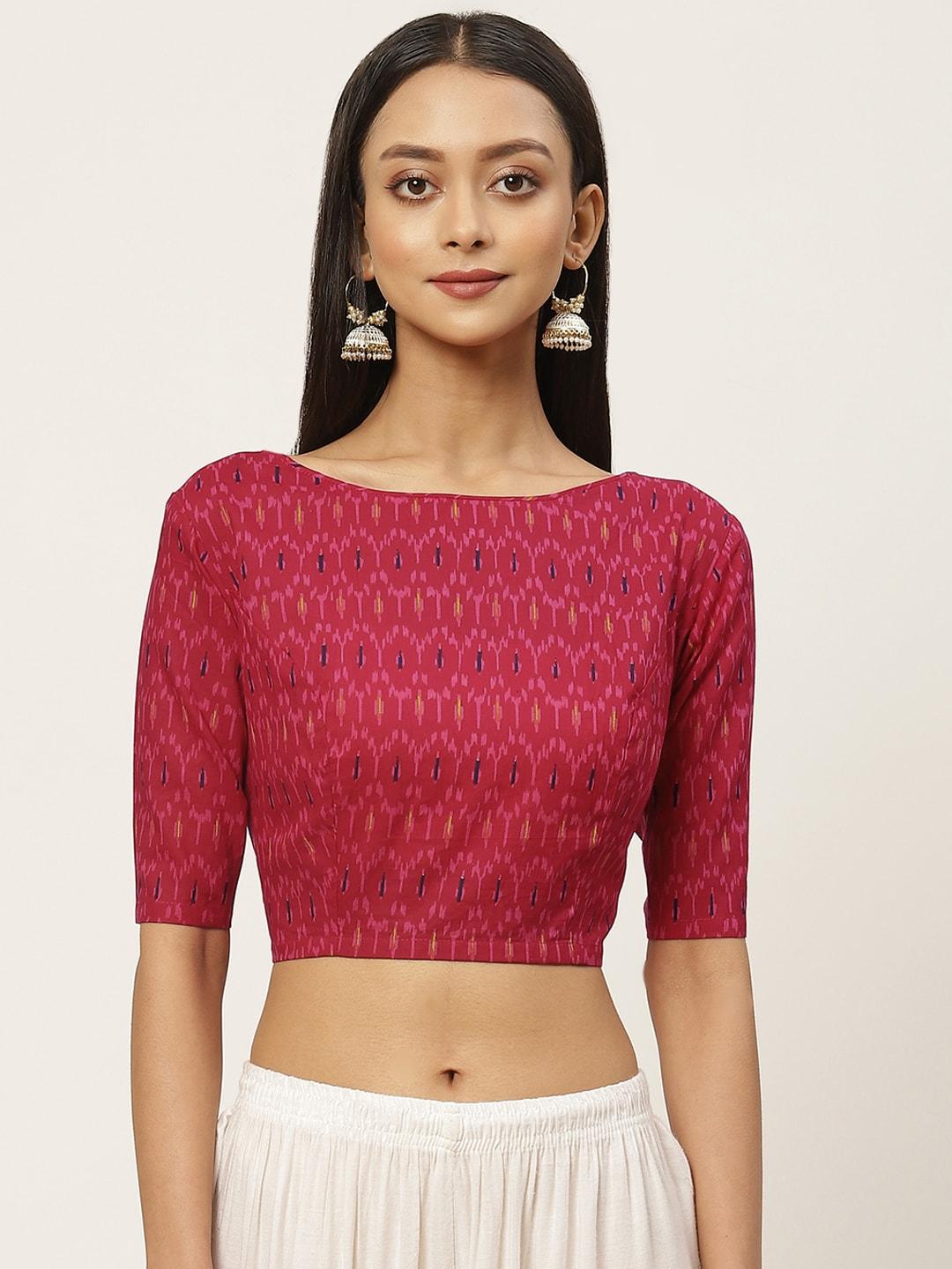 studio shringaar women pink & navy blue geometric printed pure cotton saree blouse