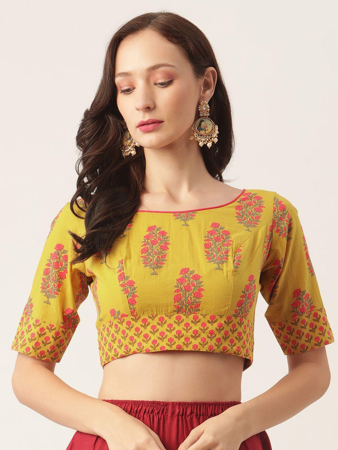 studio shringaar yellow & pink jaipuri block print pure cotton saree blouse