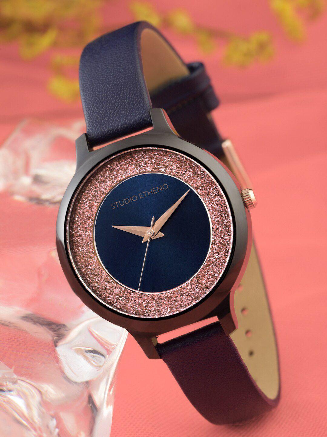 studio etheno women blue brass embellished dial & blue leather straps analogue watch