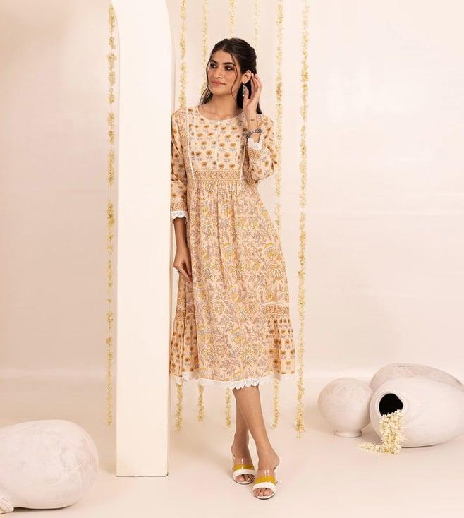 studio misri beige motif printed mia dress