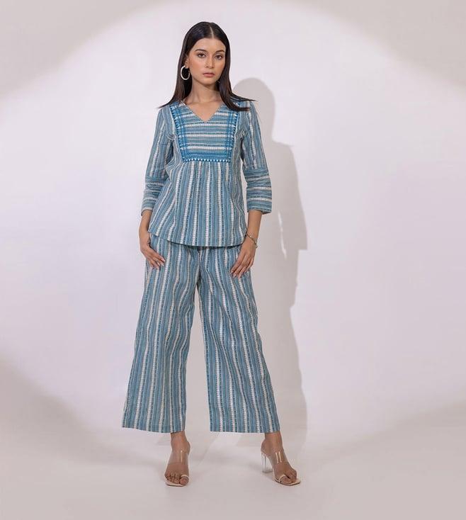 studio misri blue printed belfast top with pant co-ord set