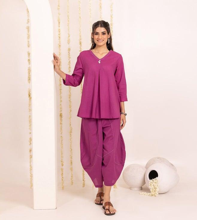 studio misri purple goonj beetroot afgani tunic with dhoti pant co-ord set