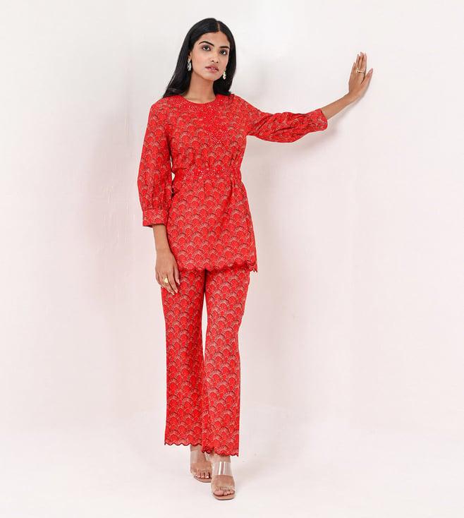 studio misri red habibi top and pant with embroidered detachable belt