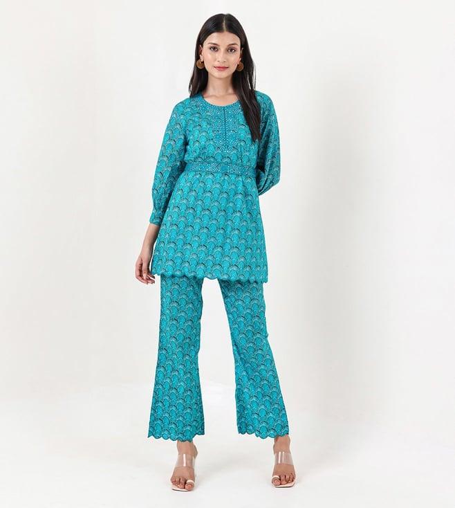 studio misri turquoise blue habibi top and pant with embroidered detachable belt