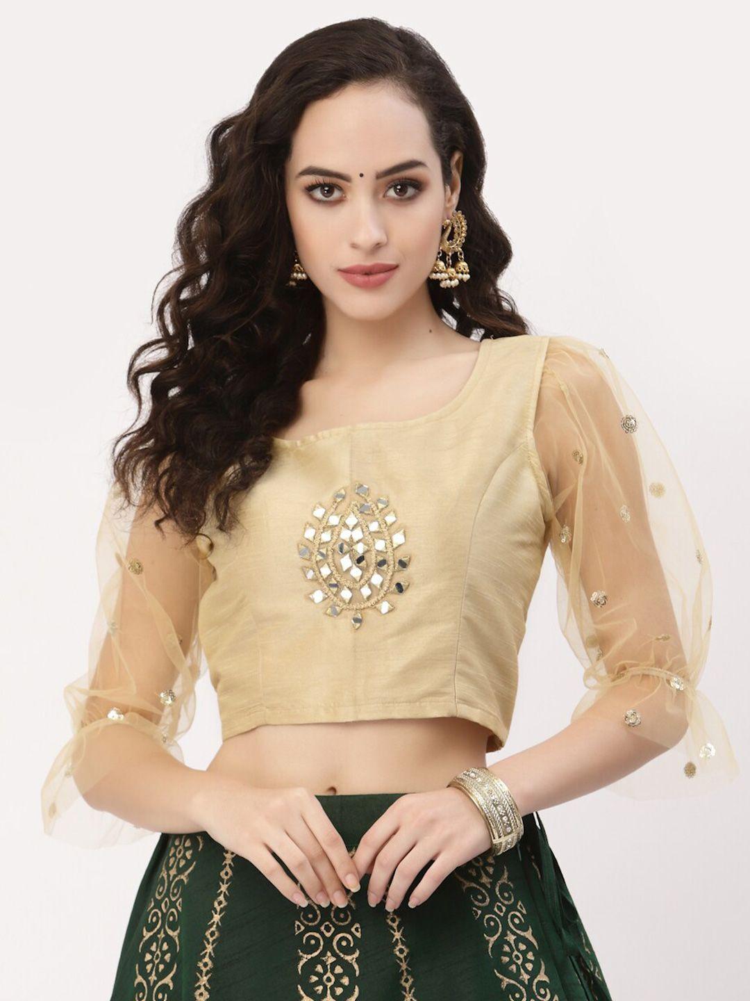 studio rasa beige embellished net sleeves crop top