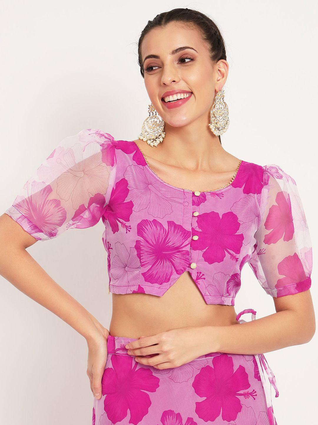 studio rasa floral printed puffed slevees silk saree button down blouse