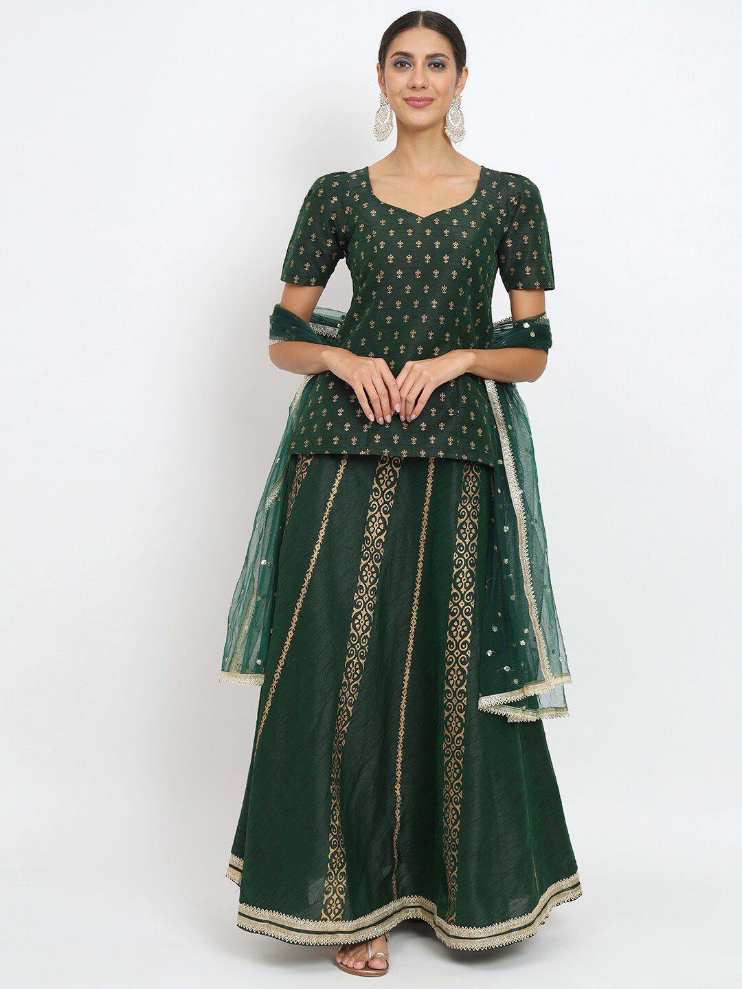 studio rasa green & gold-toned printed block print ready to wear lehenga & blouse with dupatta