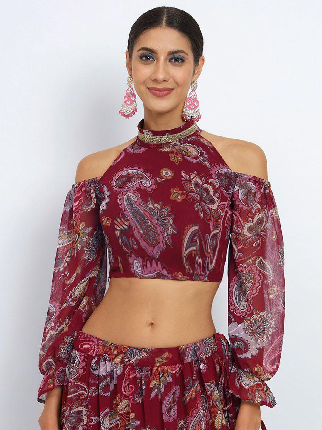 studio rasa paisley printed cold-shoulder sleeves sequinned saree blouse