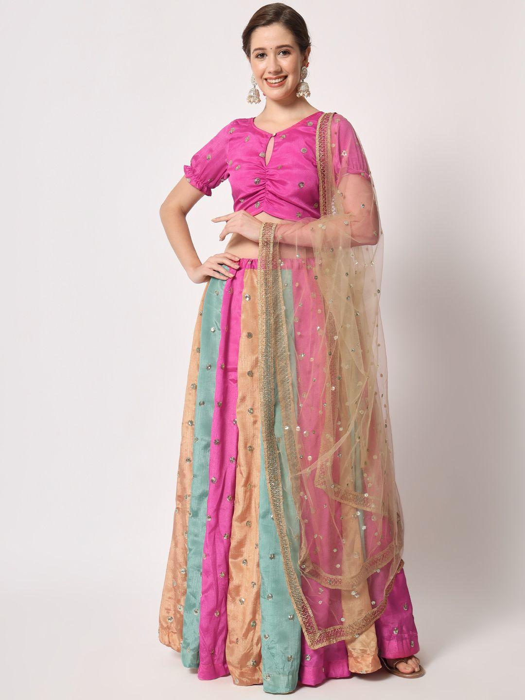 studio rasa pink & blue embroidered sequinned ready to wear lehenga & blouse with dupatta