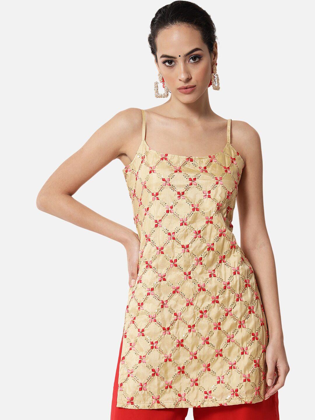 studio rasa women beige geometric embroidered sequinned kurti