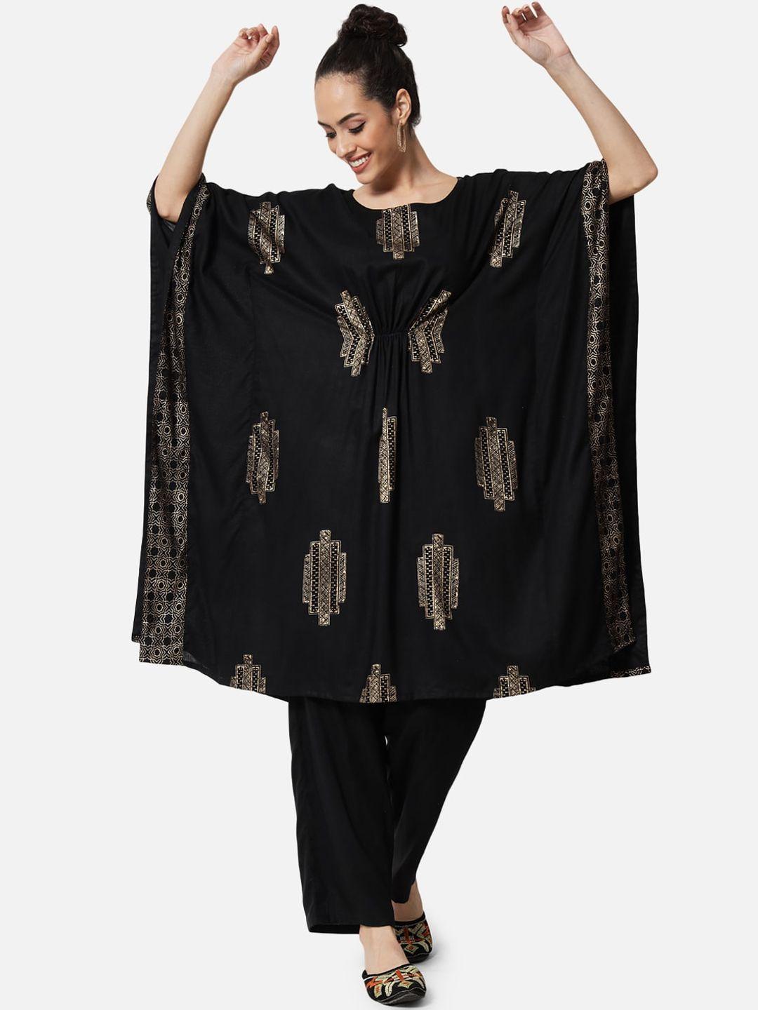 studio rasa women black printed viscose rayon kaftan kurta  with trousers