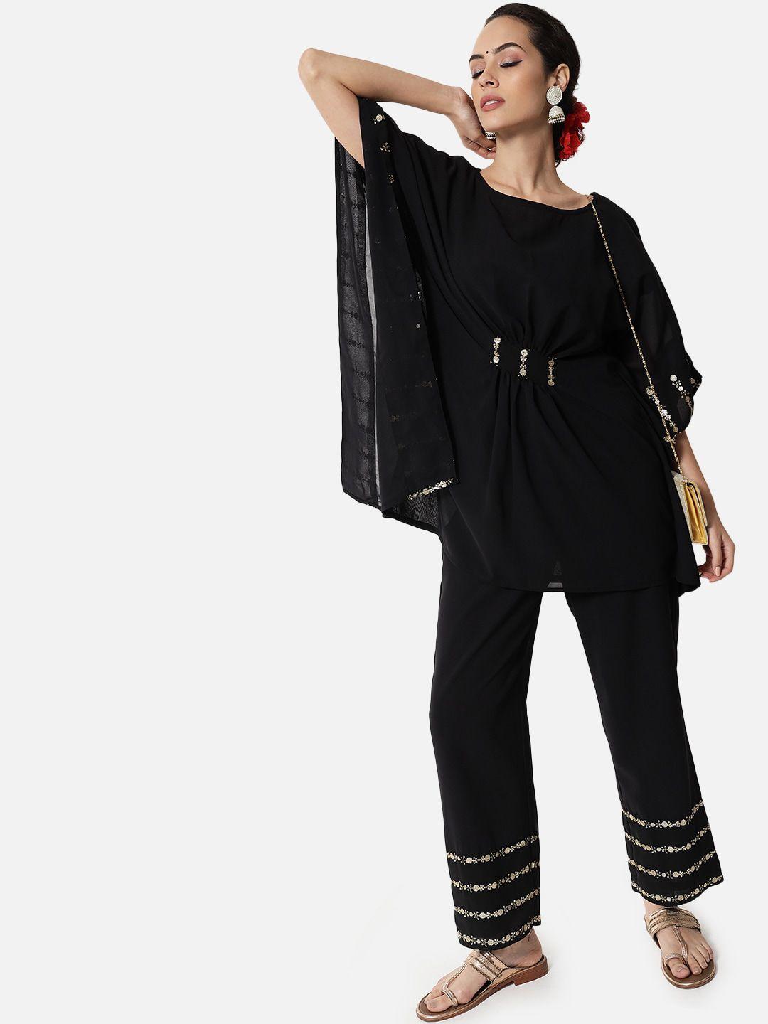 studio rasa women black sequinned kaftan with trouser set