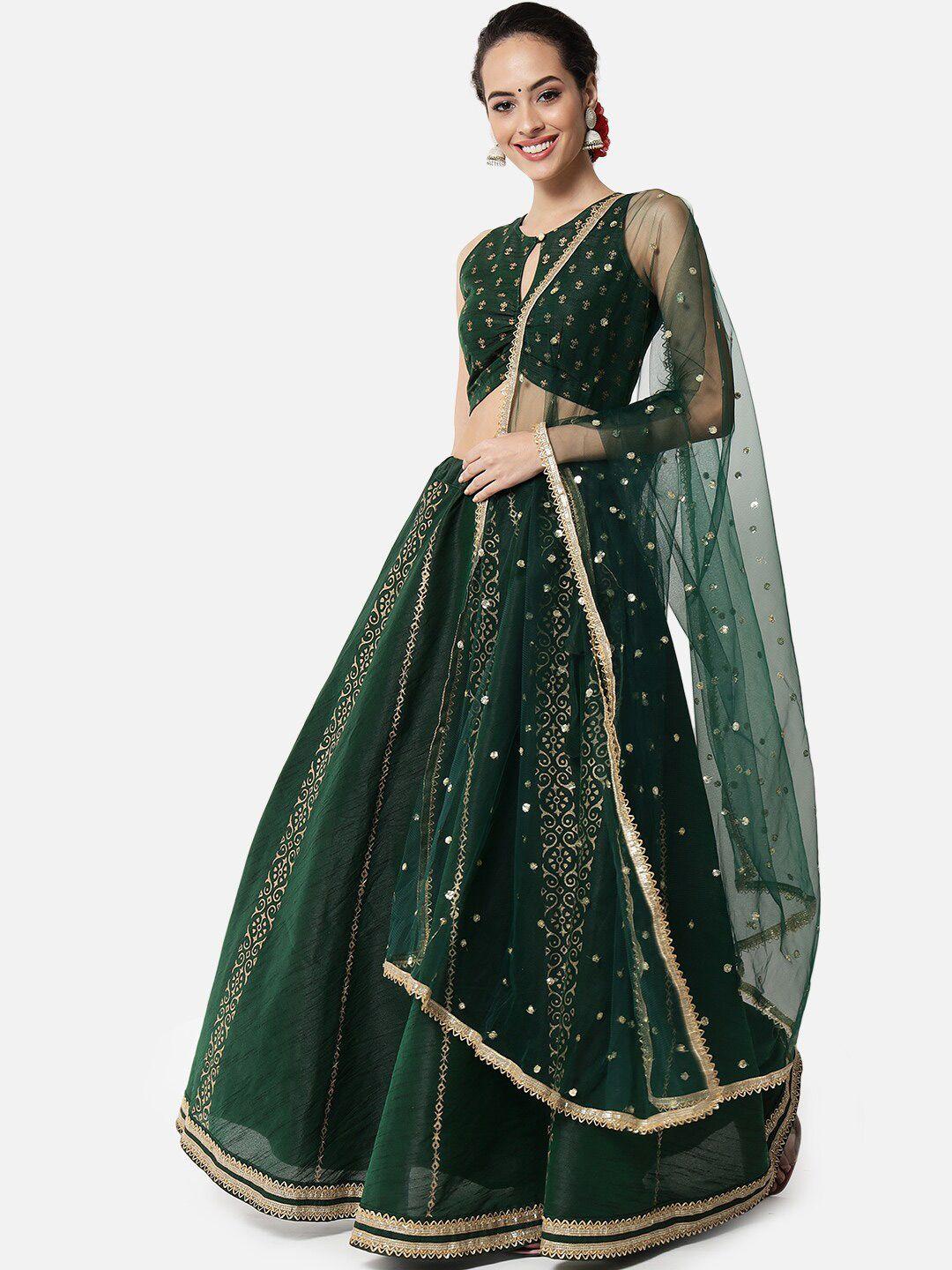 studio rasa women green and gold toned block print lehenga & blouse with dupatta