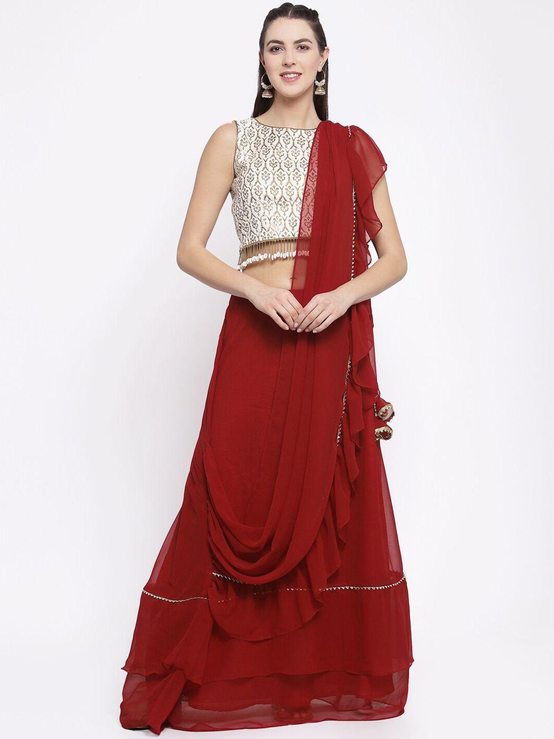 studio rasa women maroon solid tiered skirt with attached dupatta