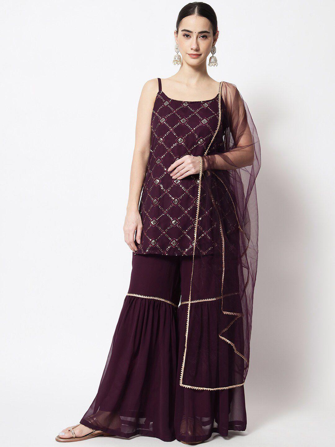 studio rasa women purple embroidered thread work kurti with sharara & with dupatta