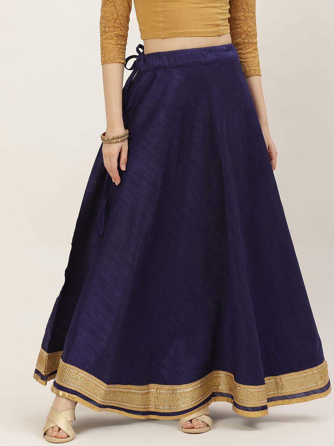 studio shringaar  navy blue & golden solid lehenga skirt with zari borders=