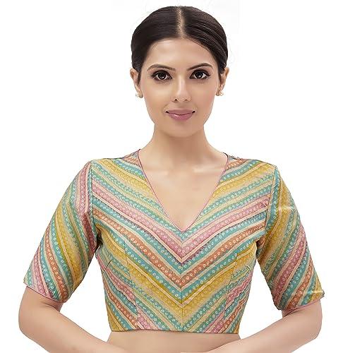 studio shringaar crepe. women's polyester pastel printed readymade elbow length sleeves saree blouse (multi-color, 38)