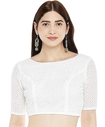 studio shringaar polyester women's chikankari saree blouse with elbow sleeves(white,34)