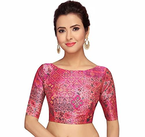 studio shringaar viscose women's pink printed saree blouse with elbow length sleeves (pink, 42)