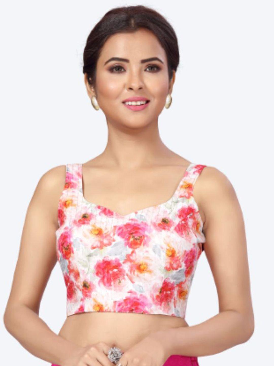 studio shringaar white & pink embroidered pure cotton saree blouse