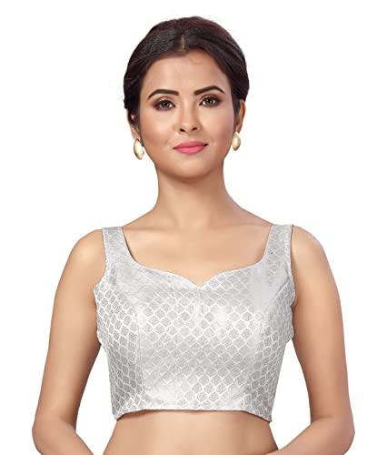 studio shringaar women’s readymade delicate silver brocade sweetheart neckline padded saree blouse (silver, 42)